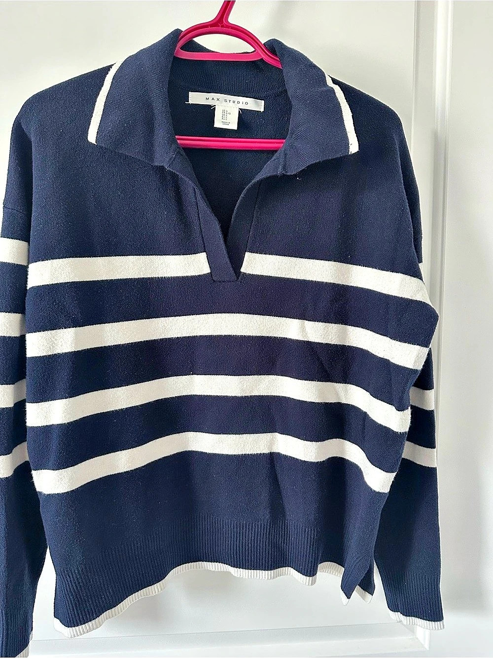 Max Studio Striped V-Neck Sweater in Blue & White